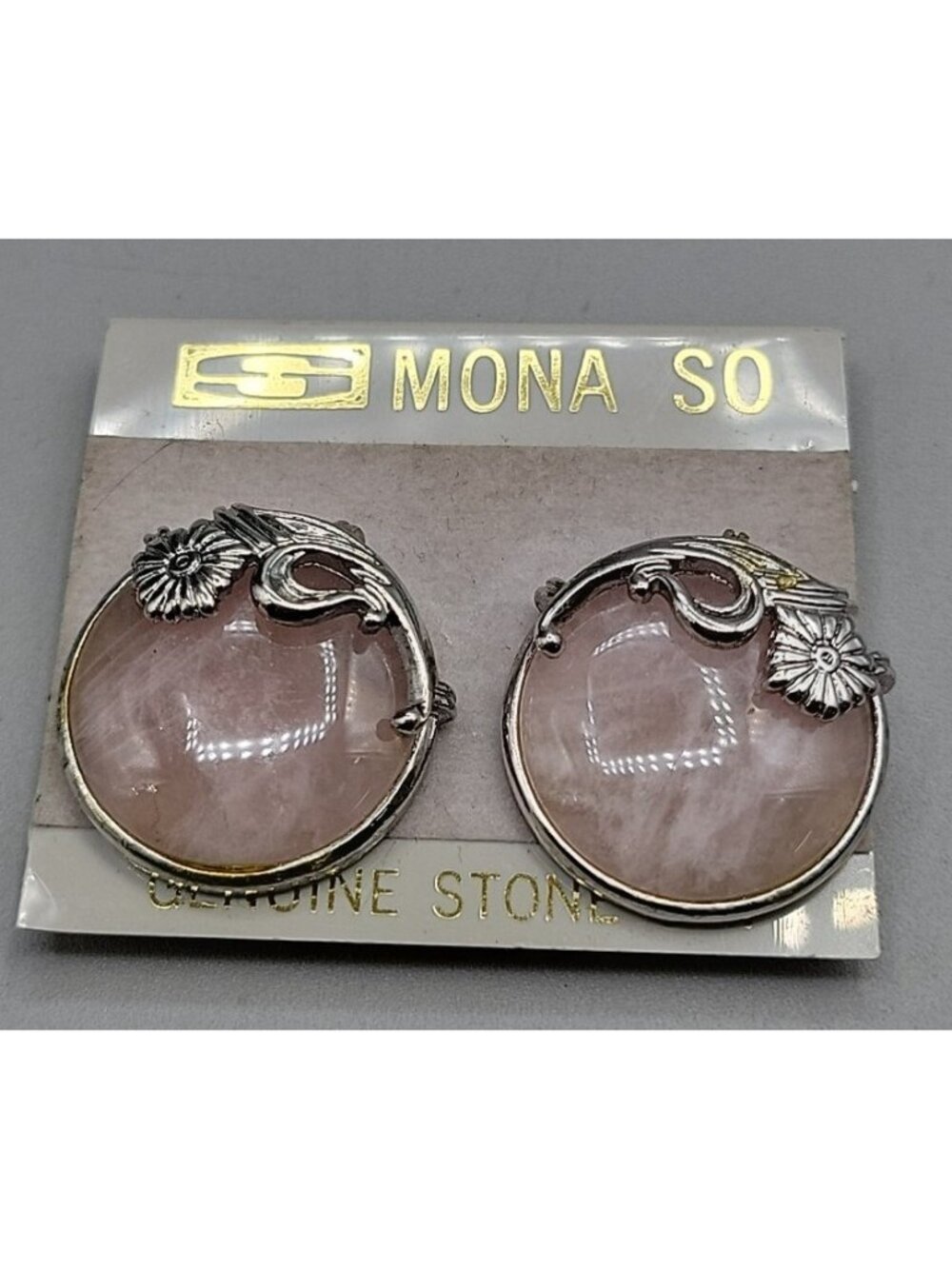 Vintage Mona Rose Quartz Cabochon Clip-on Earrings Silver Tone New Original Card - Picture 2 of 7